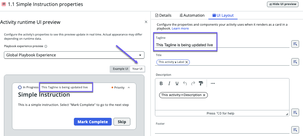Screenshot showing the Your UI switch and the Tagline being updated live.