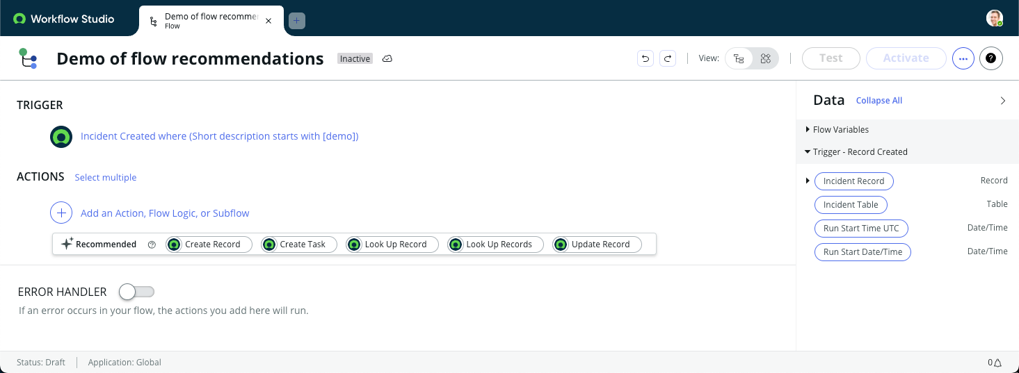 Five sample Flow recommendations for an empty flow