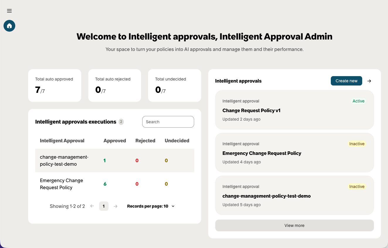 Sample Intelligent approval homepage