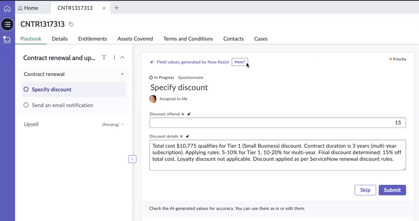 Beth clicks How button to view the process the AI agents took to calculate the discount.