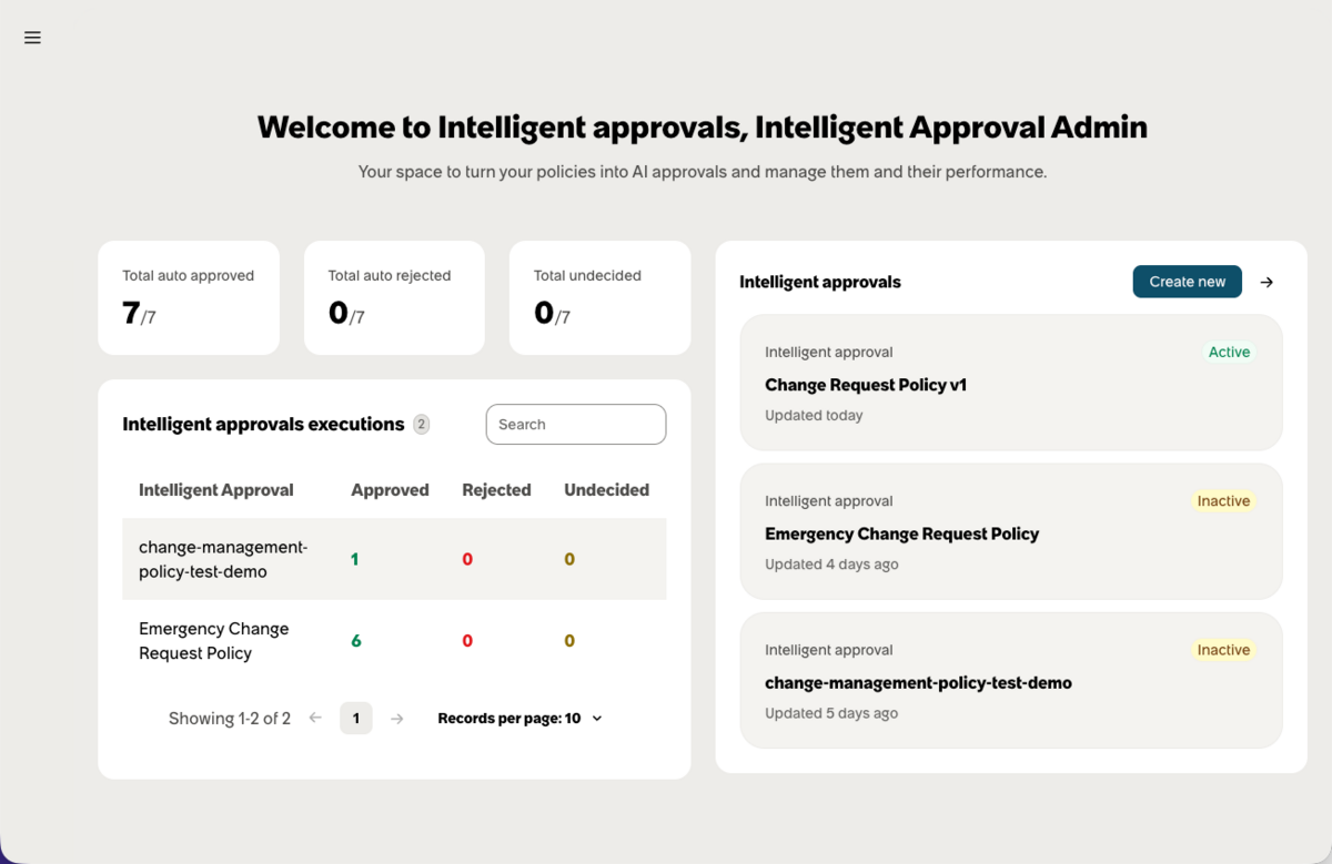 Intelligent approvals homepage with the Change Request Policy v1 card showing an active status