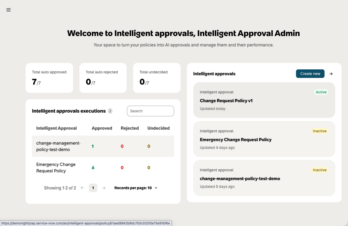 Intelligent approvals homepage with sample policies and executions