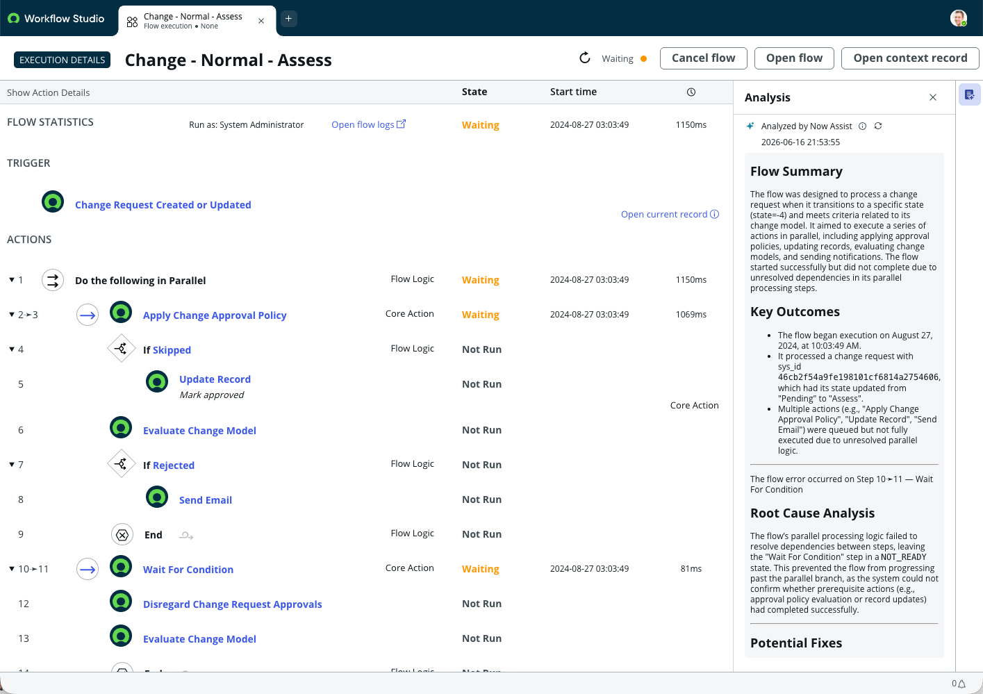 Flow execution analysis sidebar option