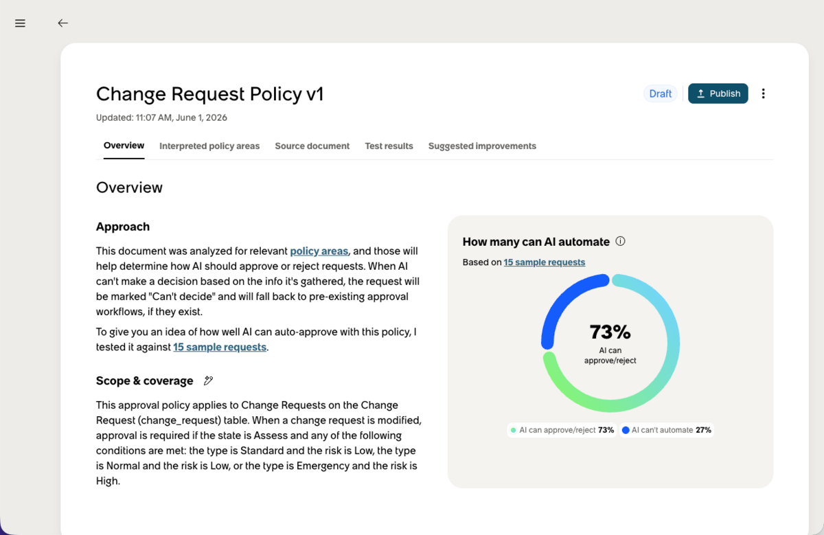 Intelligent approval Overview tab displaying a 73% rate of test approvals that can be automated