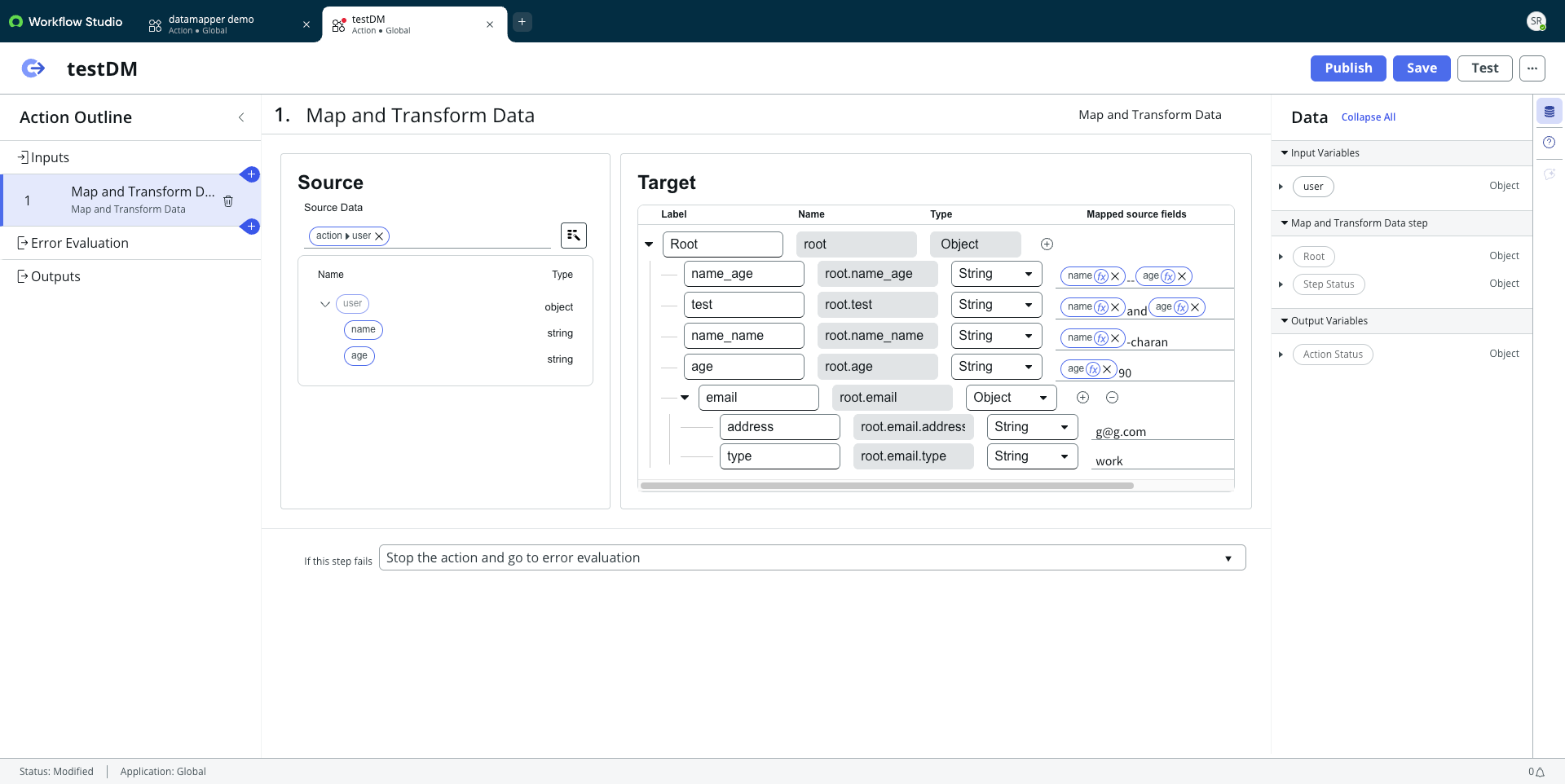 Example Map and Transform Data step.