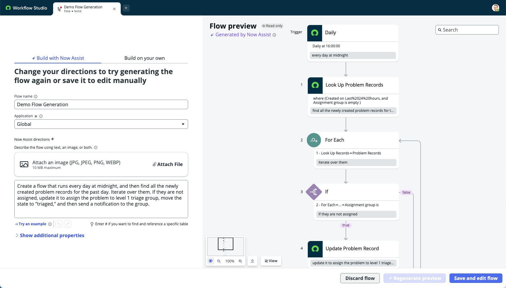 Flow preview of components showing the title Look Up Problem Records and the also the data pills used in the query filter.