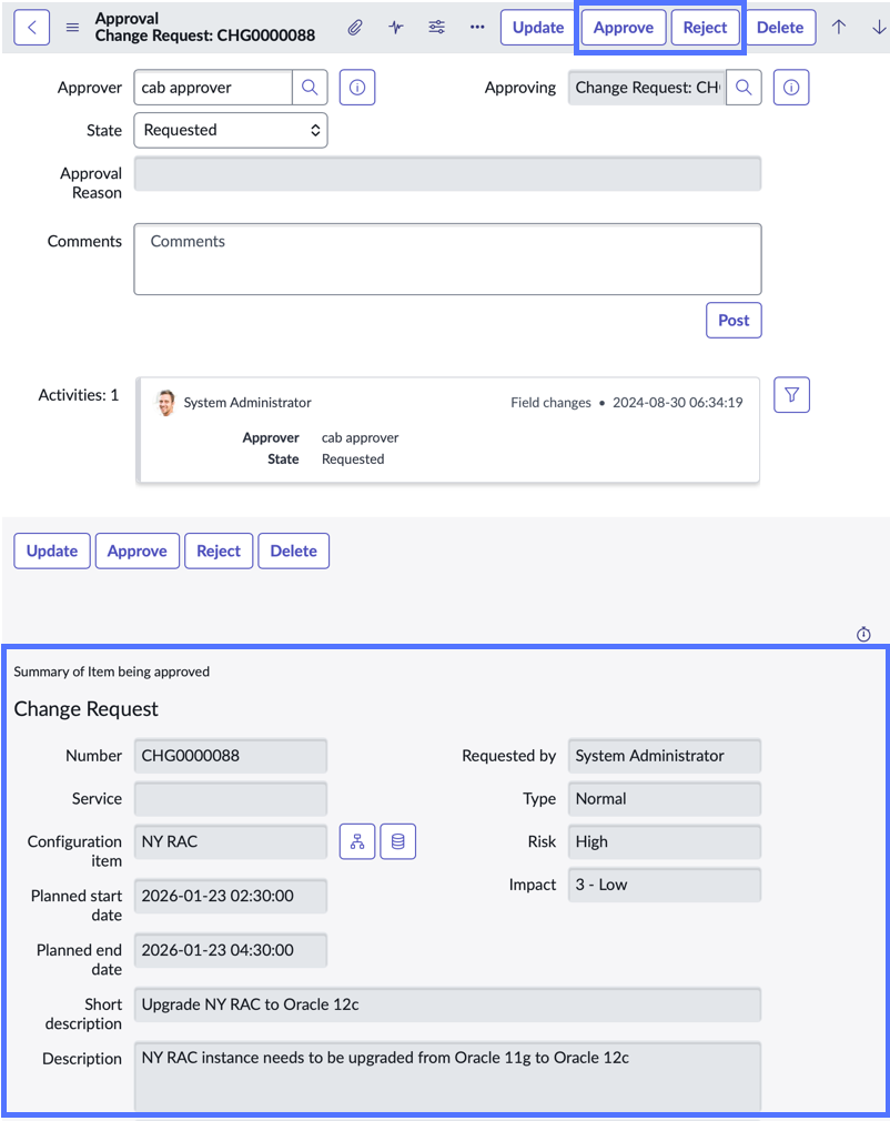 The approval summarizer displays information from the original request directly in the approval request.