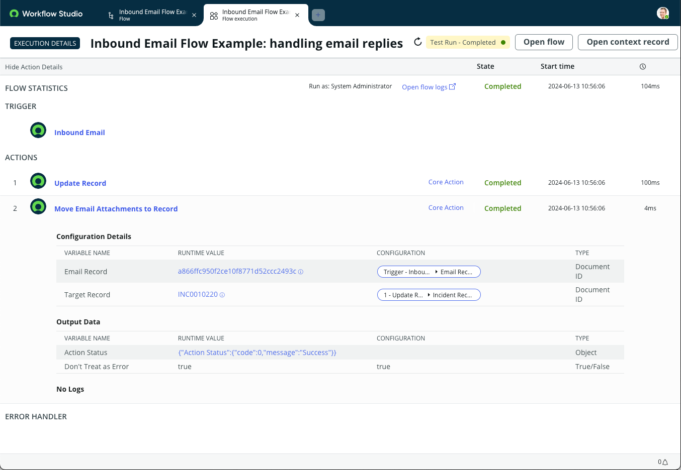 Execution details of Move Email Attachments to Record