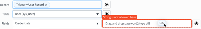 The warning message displayed when dragging a non-password2 data pill onto a password2 field.