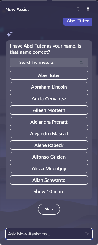 Example conversation where a string input shows a list of user names to choose from.