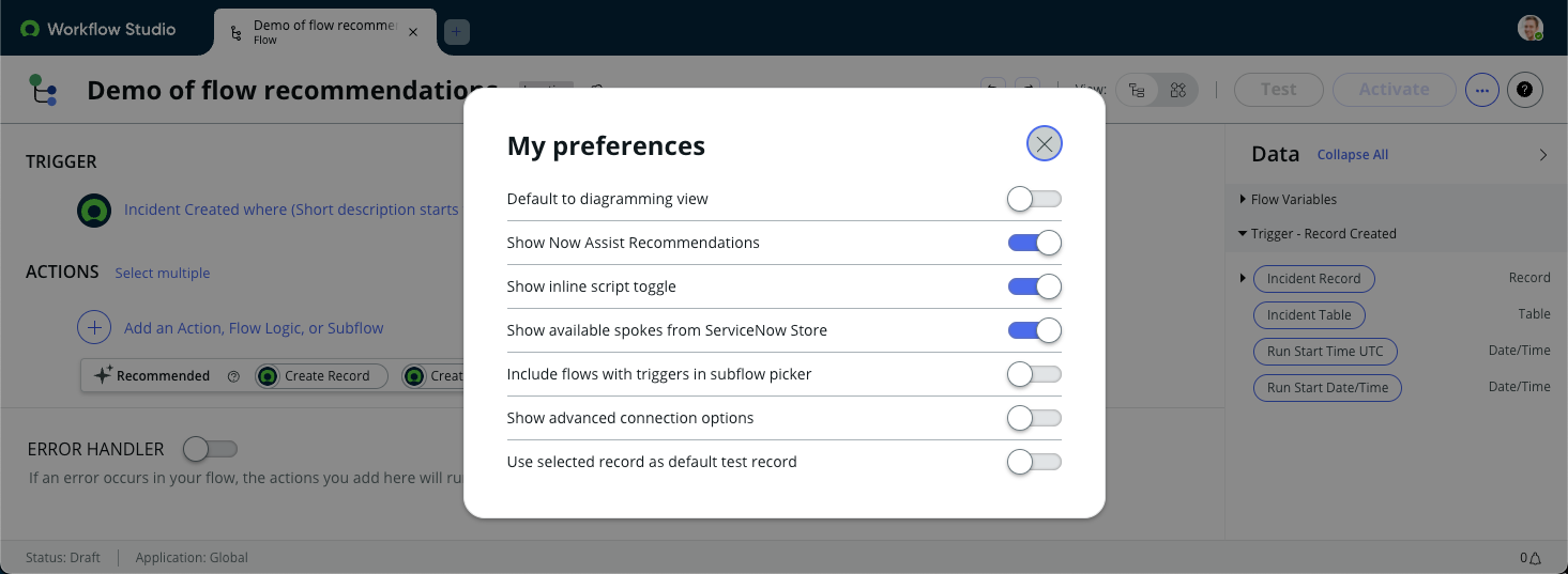 Flow preference to show recommendations