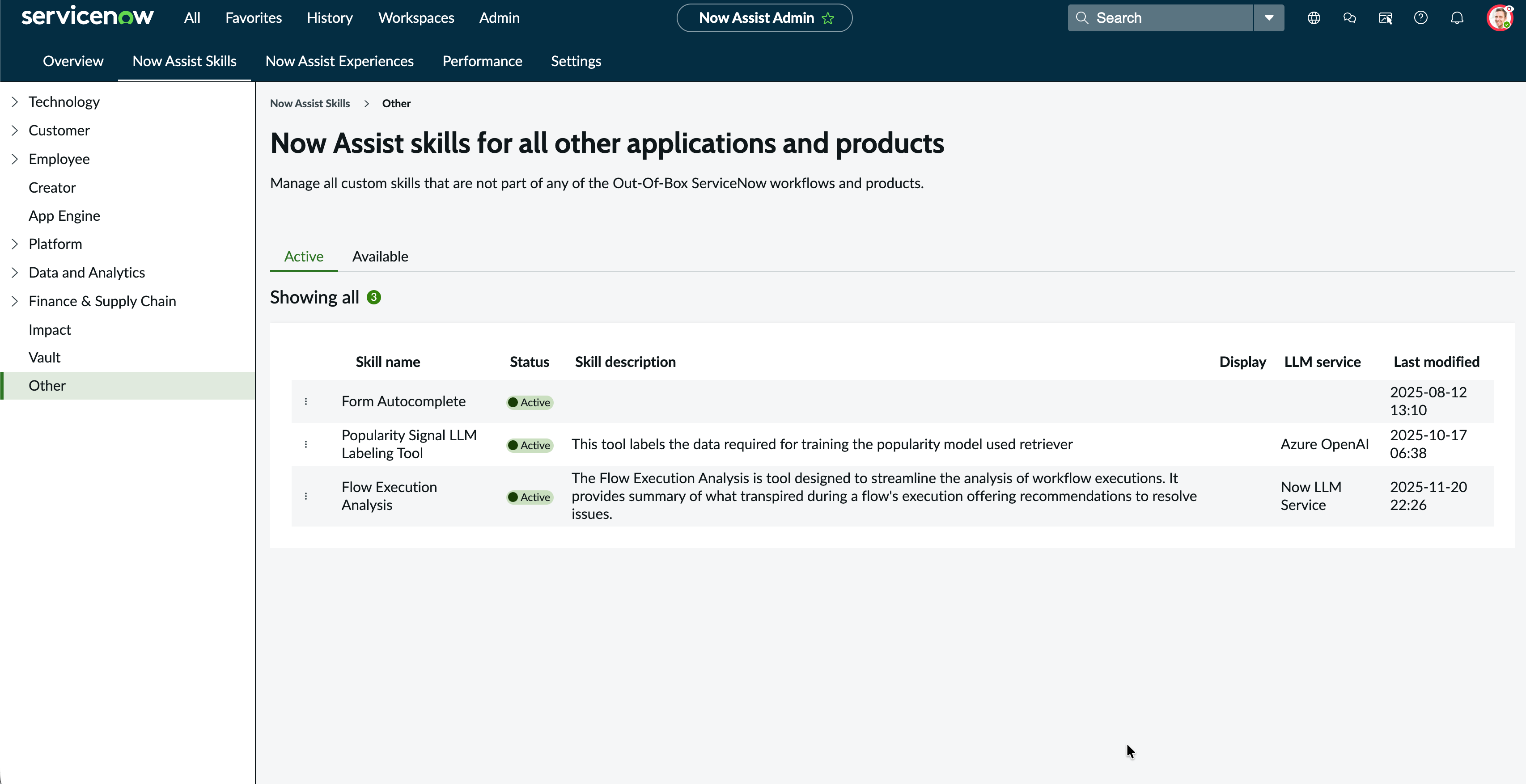 Flow execution analysis skill listed as active skill