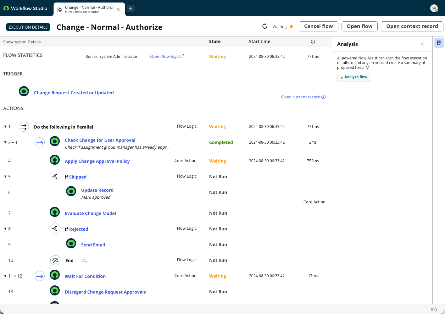 Flow execution analysis sidebar option.