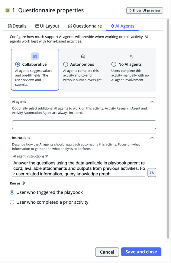 Enable and configure AI agents for the activity.