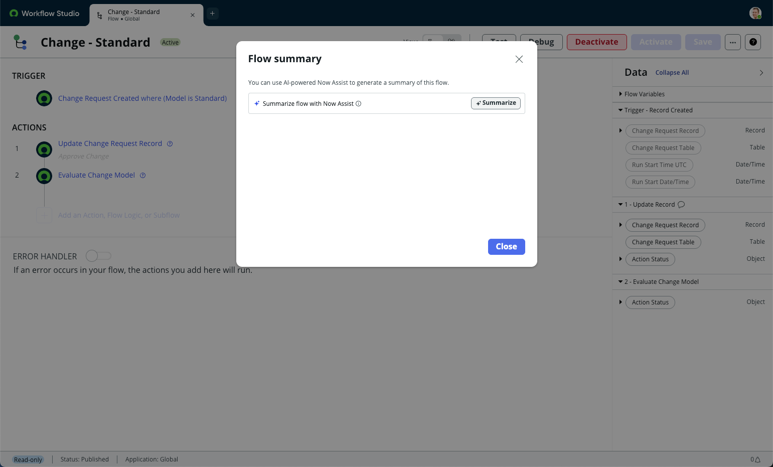 The Flow summary dialog box has a Summarize button.
