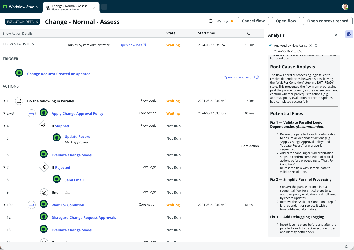 Flow analysis containing Root Cause Analysis and Potential Fixes sections