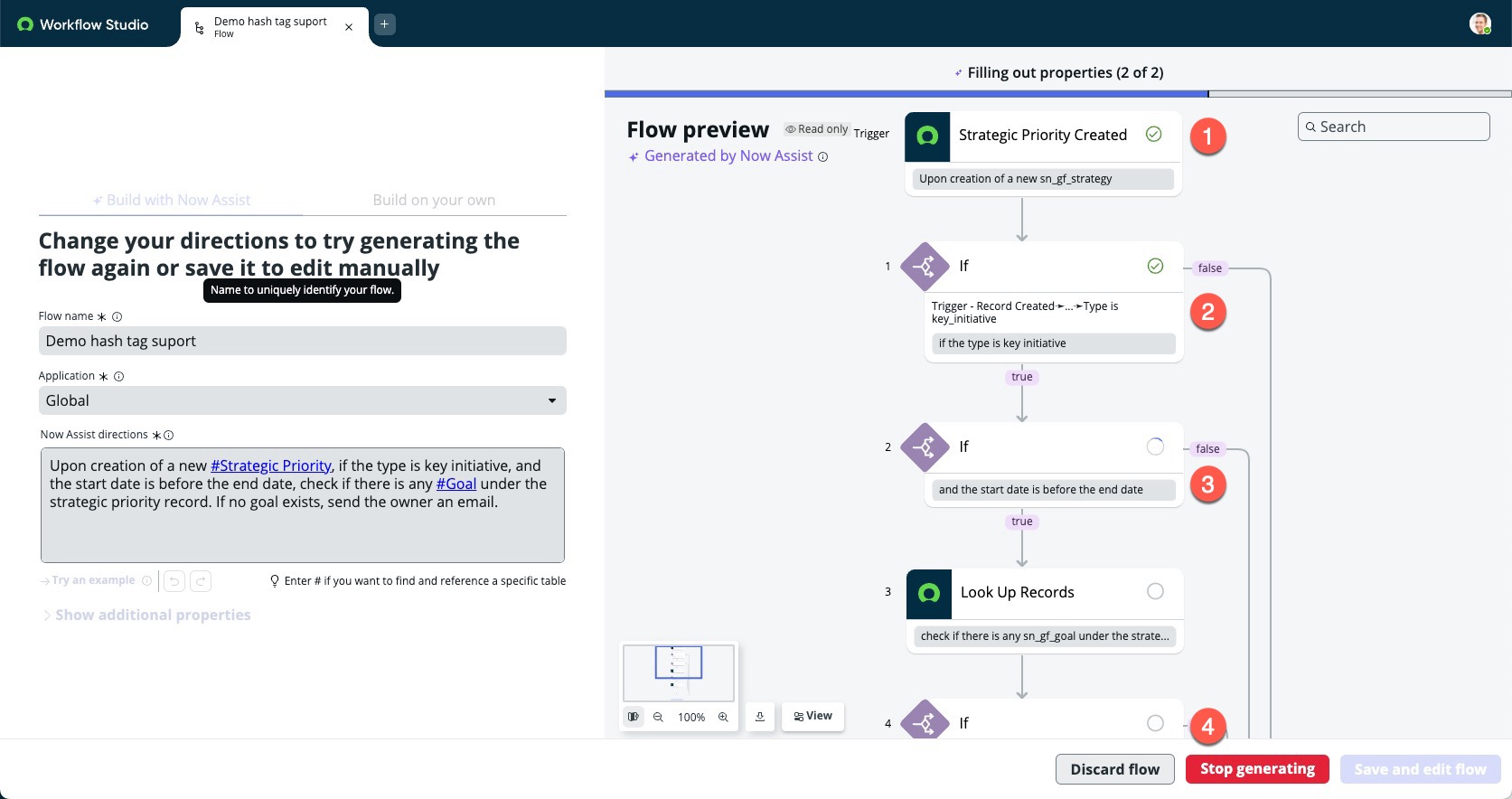 Flow preview populating the data pill values of each node.