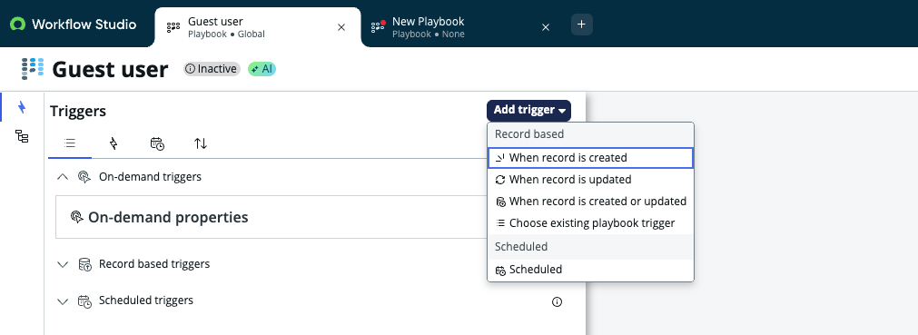 Screenshot showing the menu flow to add the trigger When record is created.