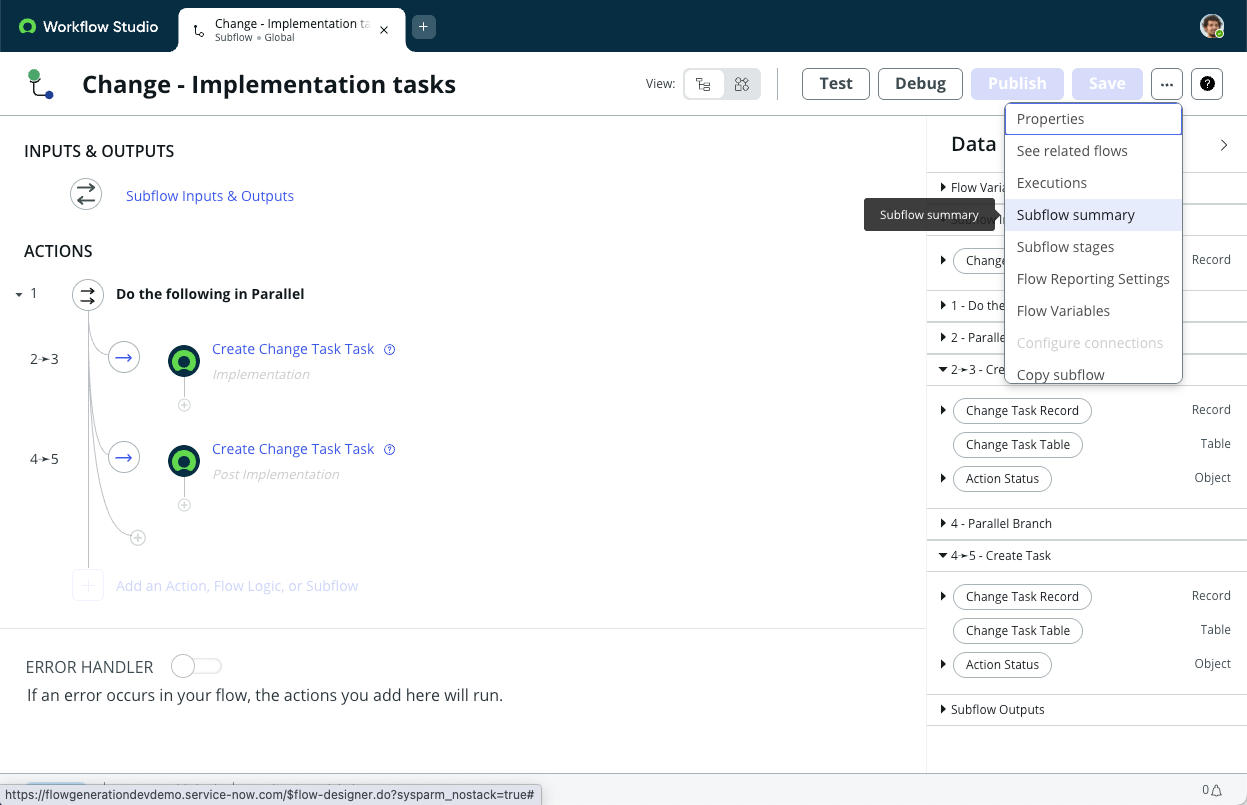 Subflow summary option from the Flow context menu.