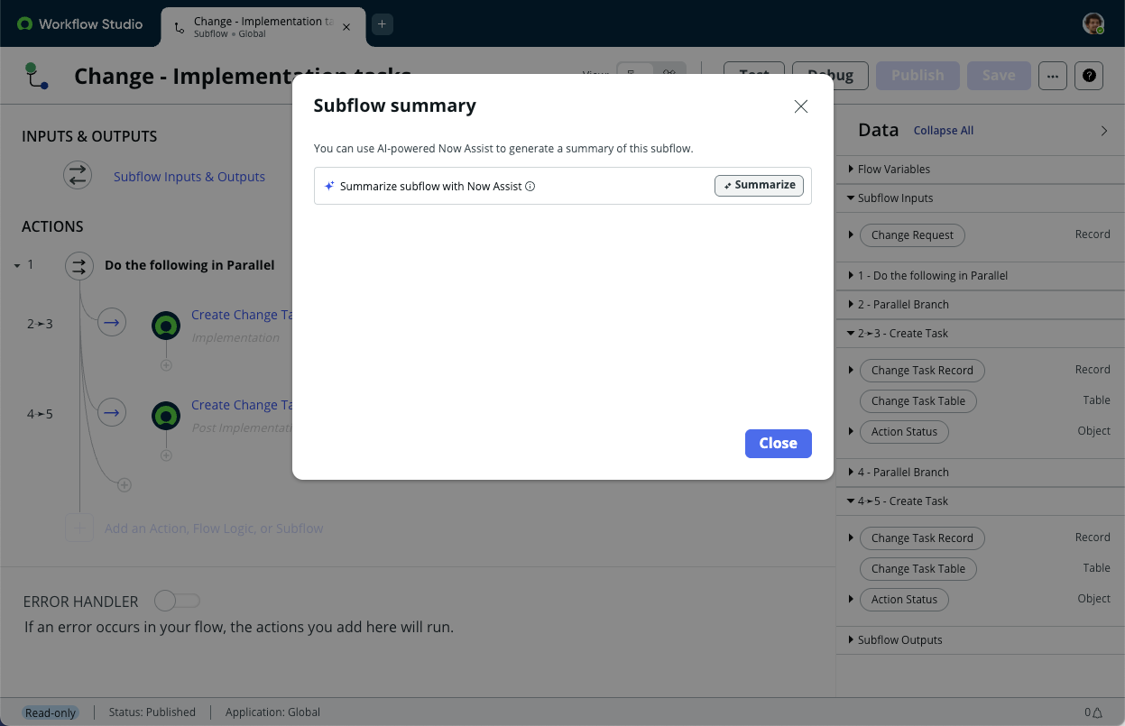 The Subflow summary dialog box has a Summarize button.