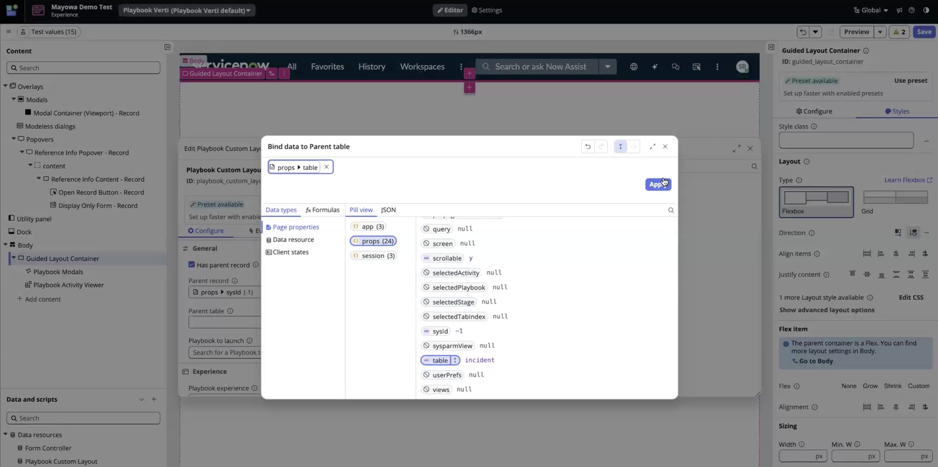 Screenshot showing where to bind data to parent table.
