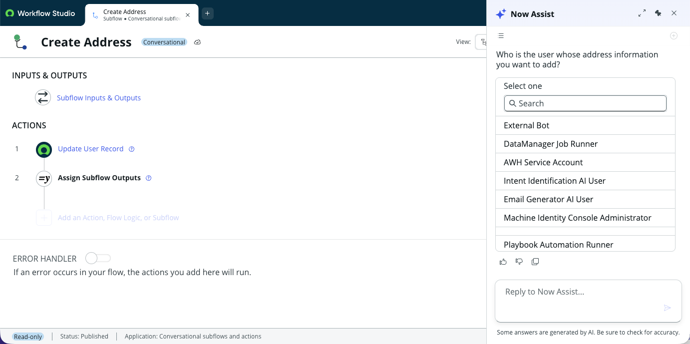 Sample conversation to test Create Address subflow