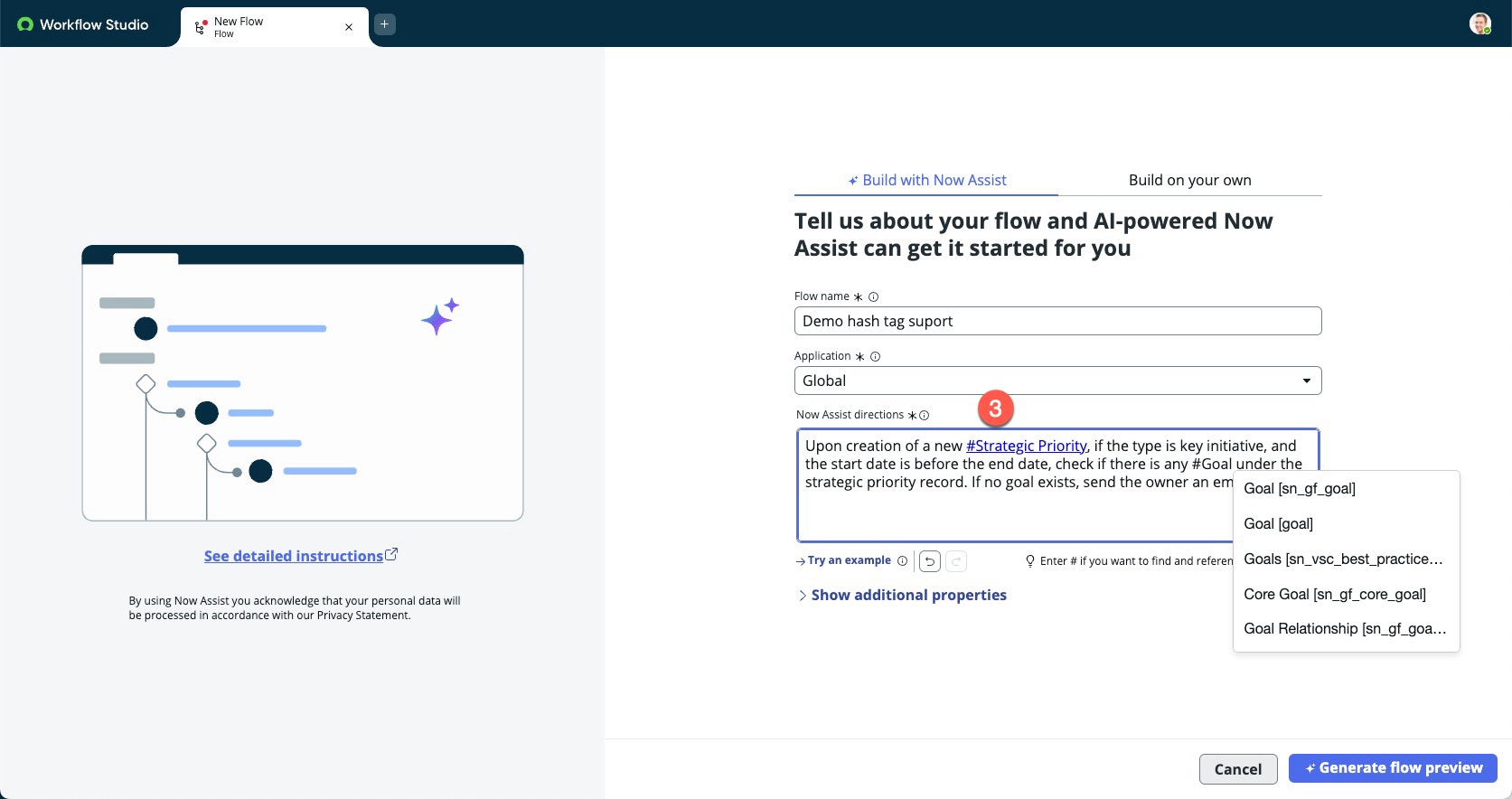 Now Assist directions containing a hash tag link to the Strategic Priority table.