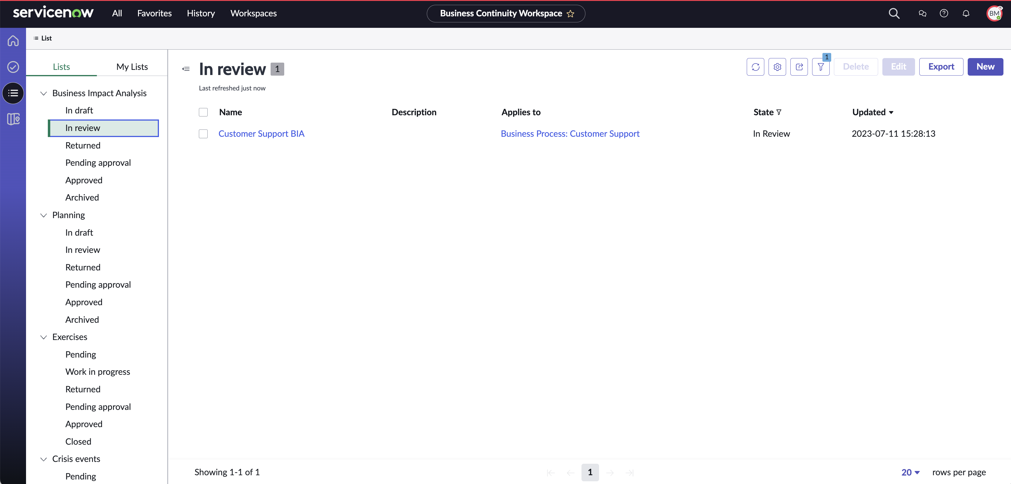 Créez un BIA à partir de la page d’enregistrement dans la vue Liste.