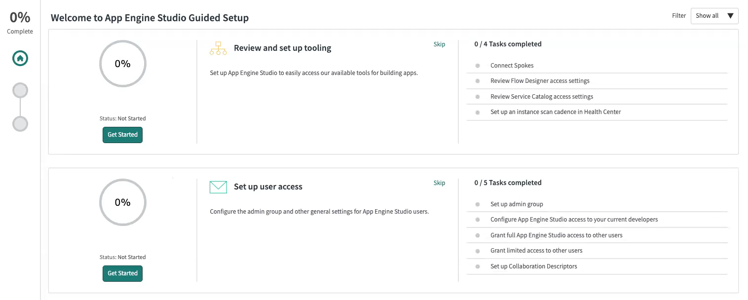 Categorias de configuração da configuração assistida do App Engine Studio