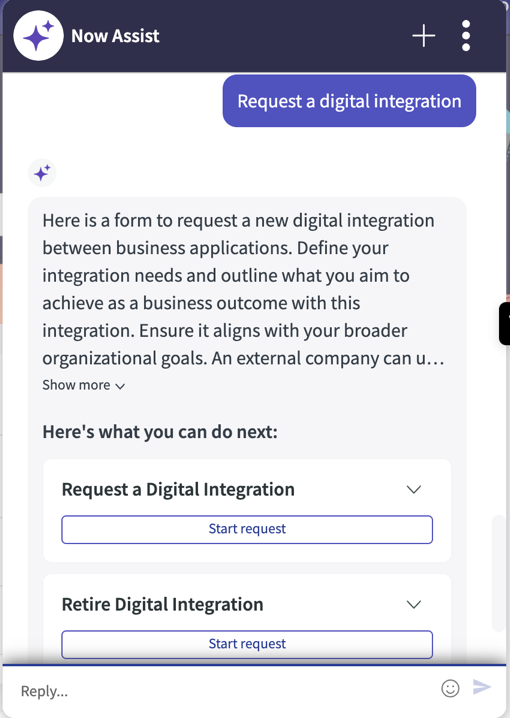 デジタル統合を要求する要求を表示するチャットウィンドウNow Assist仮想エージェントスクリーンショット。