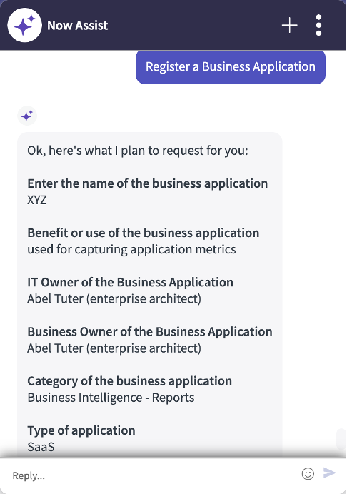 ビジネスアプリケーションの登録Now Assist仮想エージェント複雑な要求を示すチャットウィンドウのスクリーンショット。