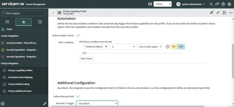 Additional Configuration section for FireEye Capability Profile.