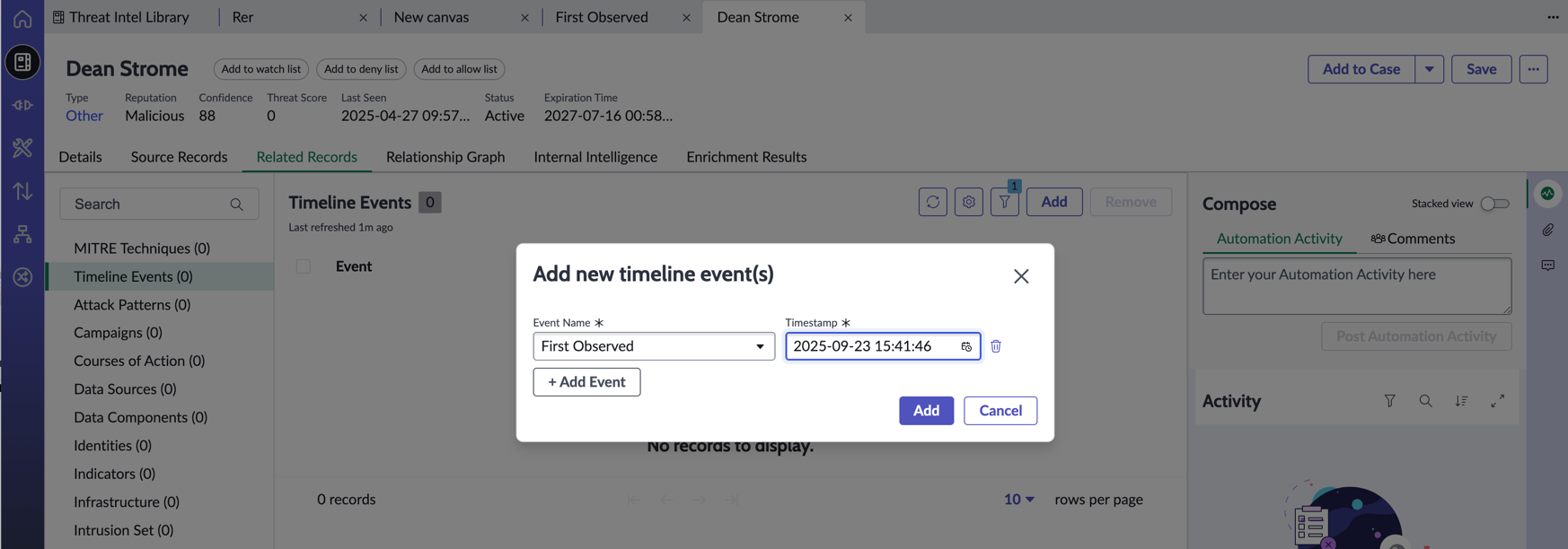 Tela - Adicionando eventos da linha do tempo aos registros relacionados