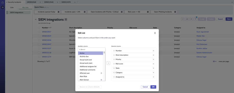 Edit List view: Selecting columns that you want to display.