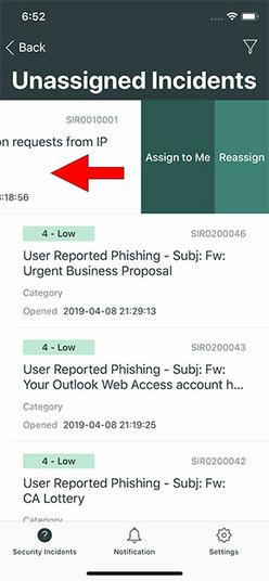 Swipe action on unassigned security incident record.