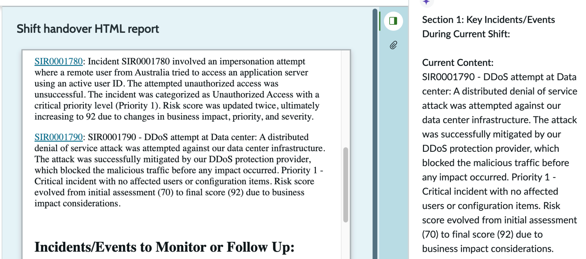 Content added to shift handover report.