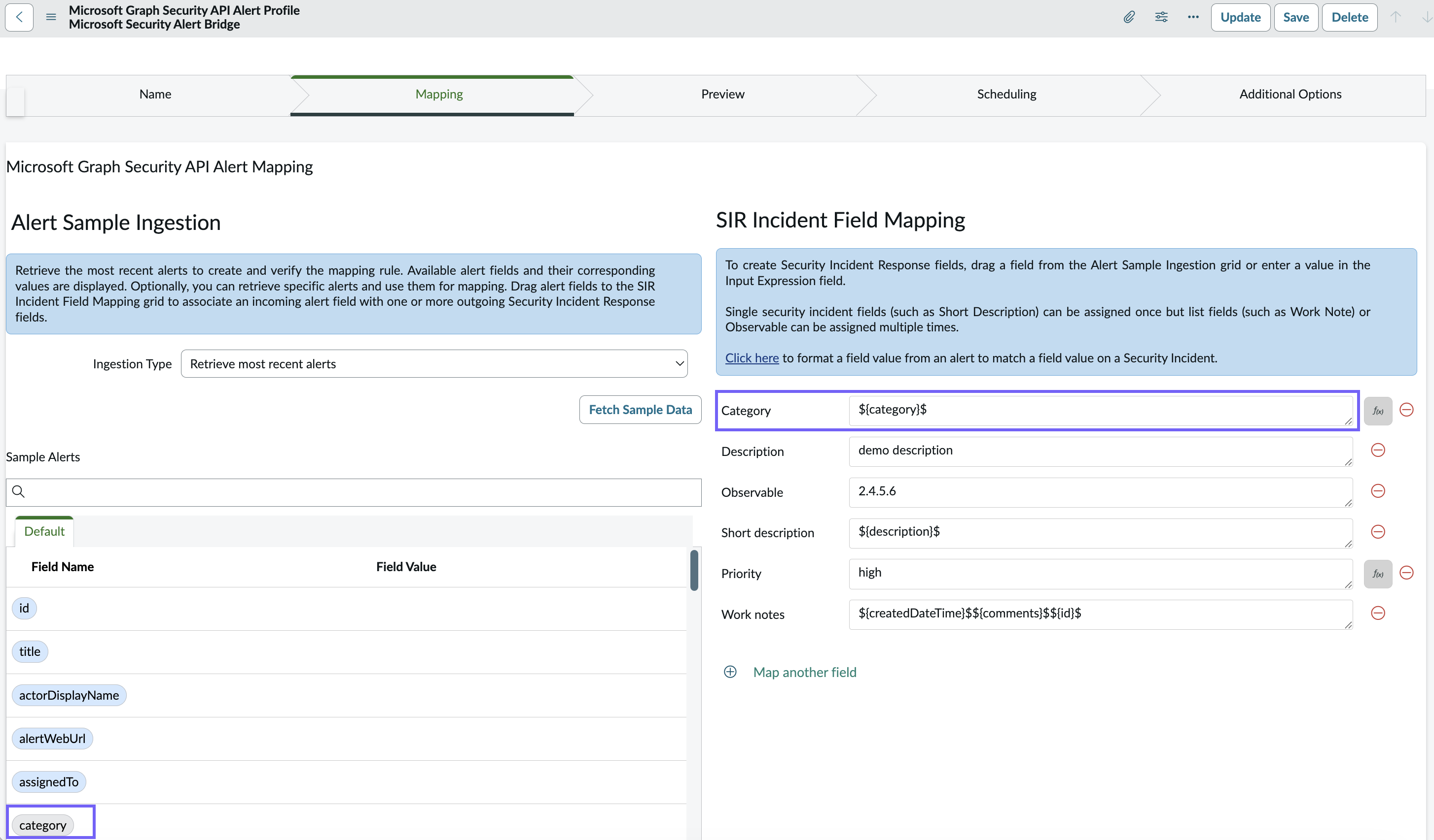 Microsoft Azure Security API: mapping fields
