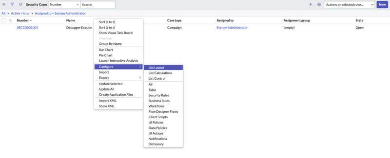 Configuring list layout and creating a new view name.