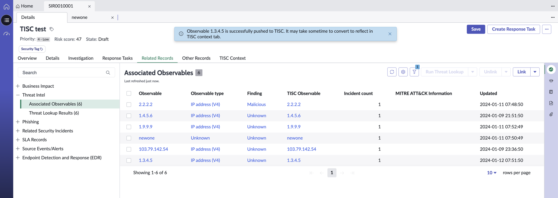 Send to TISC Push observable operation