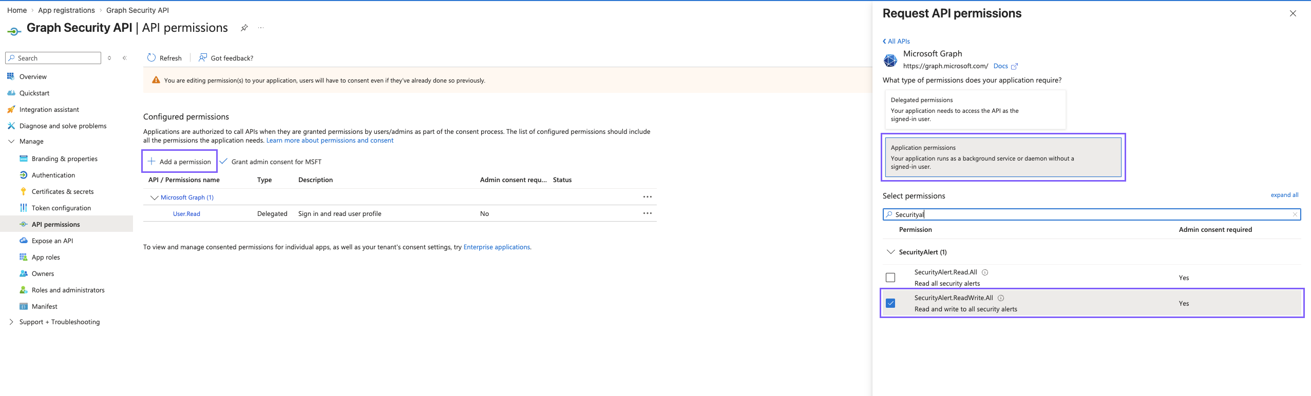 Microsoft Graph Security API configuration: security events