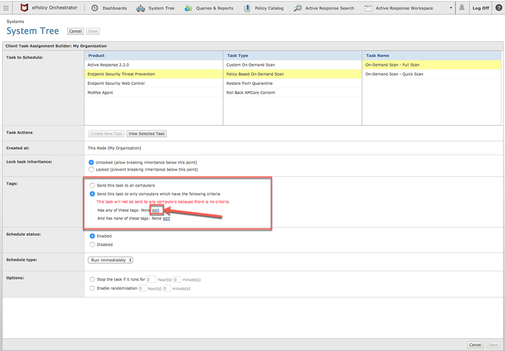 Edit link highlighted in System Tree for On-Demand Scan in McAfee ePO.
