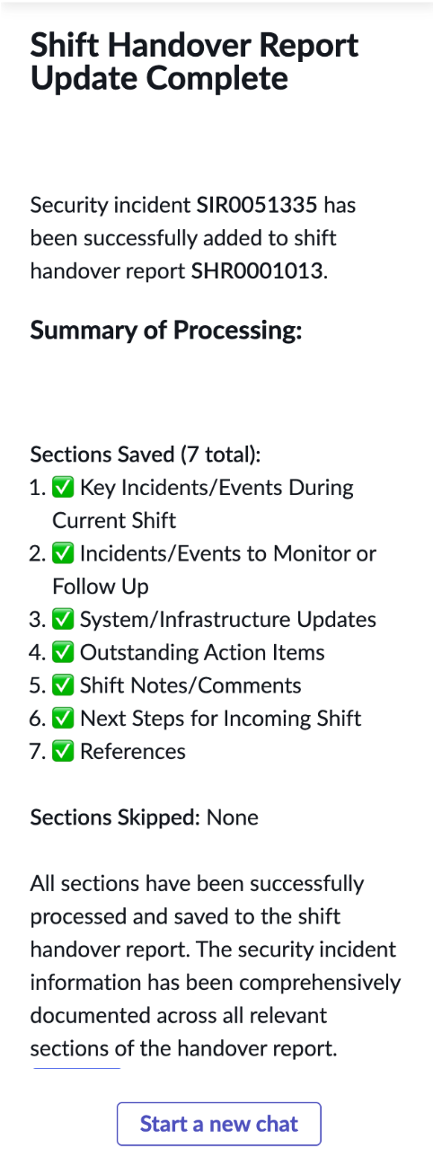 Shift handover workflow result