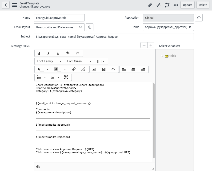 O modelo change.itil.approve.role especifica o conteúdo da mensagem HTML no e-mail de solicitação de aprovação.