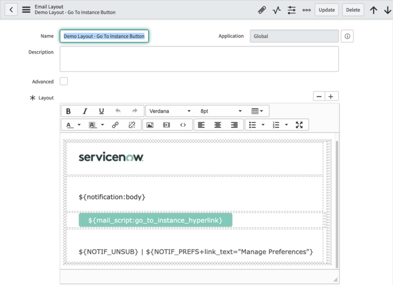 como uma variável para o corpo do e-mail funciona em um layout de e-mail.