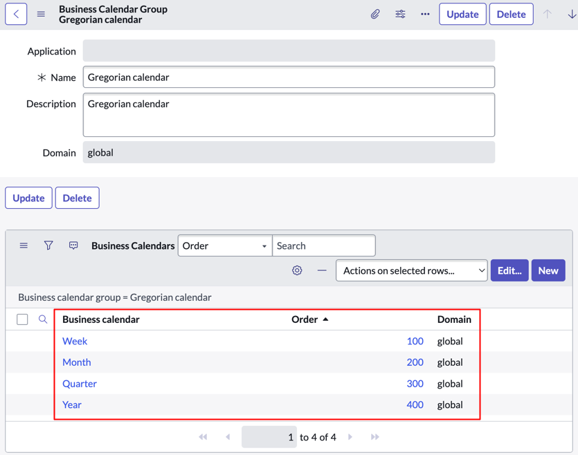 O registro do grupo do calendário de negócios para o calendário gregoriano, mostrando os calendários de negócios do componente