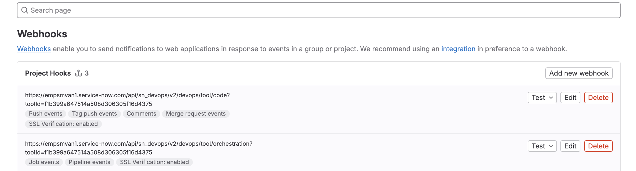In GitLab konfigurierte Webhooks.