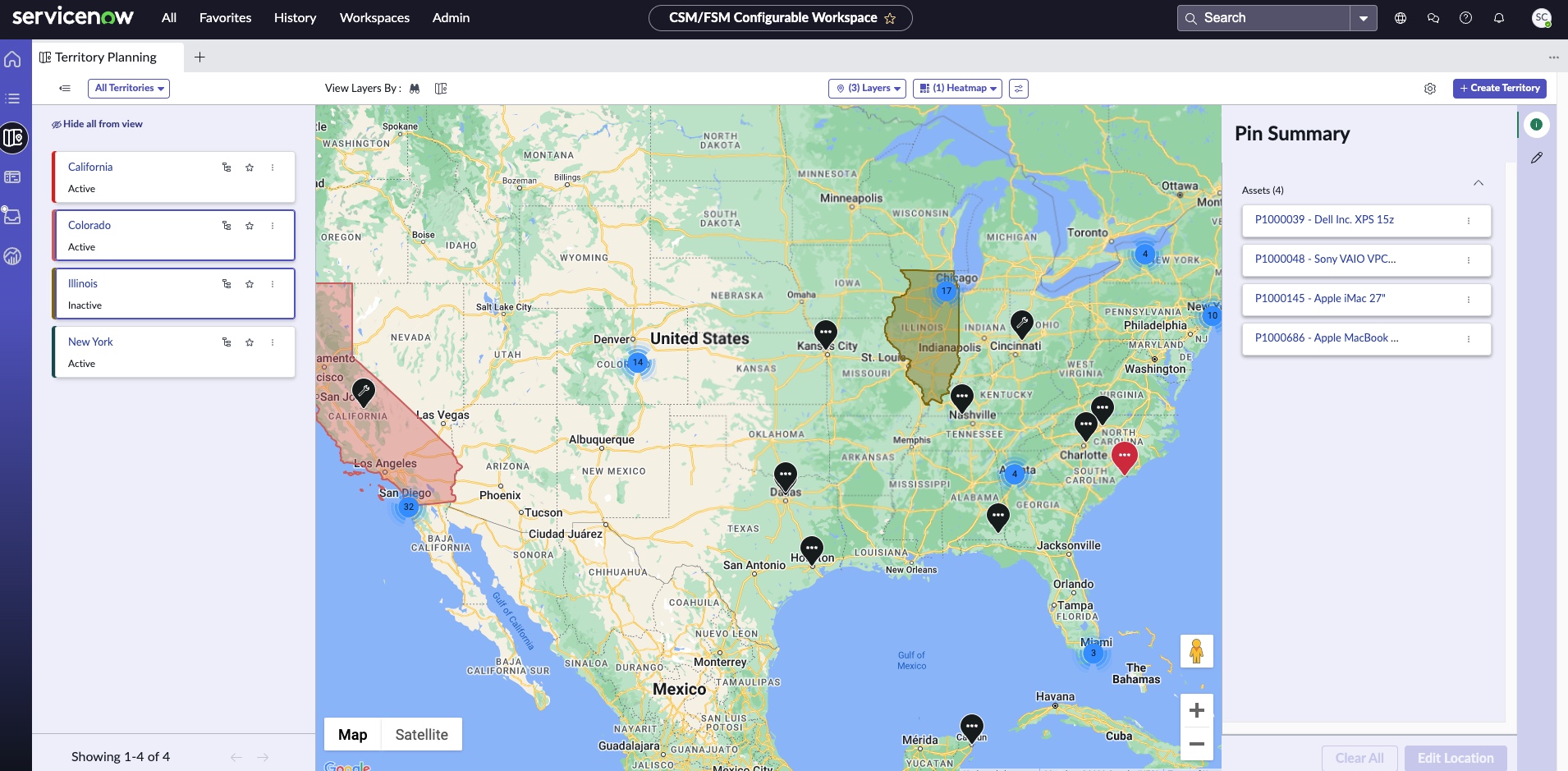 Map that displays layers and heatmap.