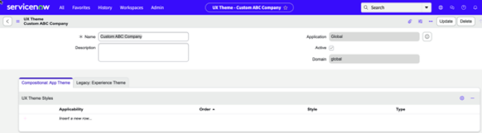 Newly created UX Theme record.