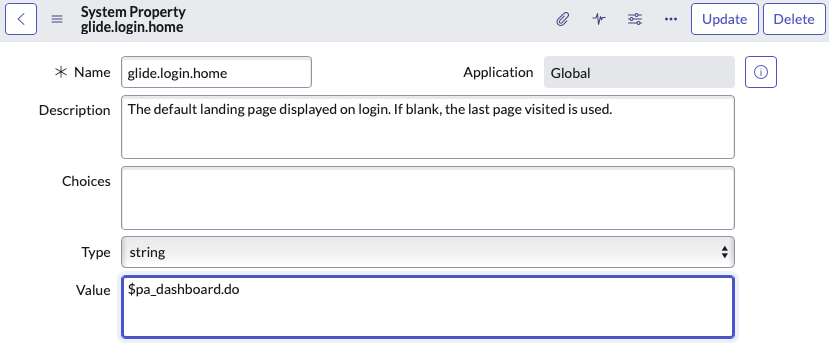 System Property glide.login.home form with a dashboard URL segment in the Value field