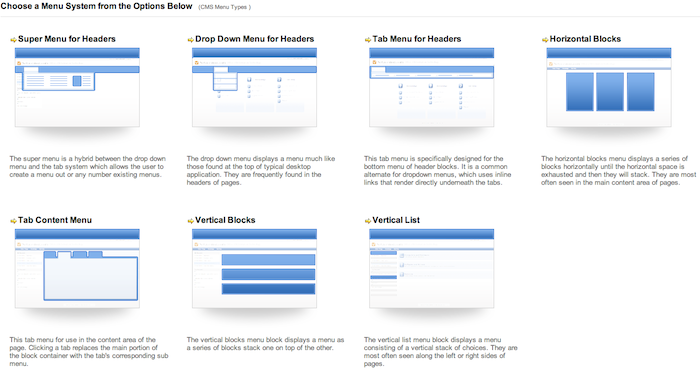 Navigation menu blocks.